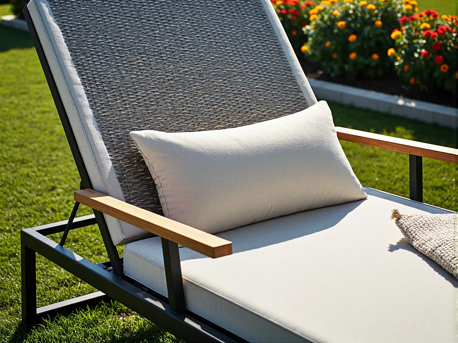 Zbliżenie na nowoczesny leżak glamour z metalową ramą i miękką, szarą poduszką. Detal designerskiego mebla.