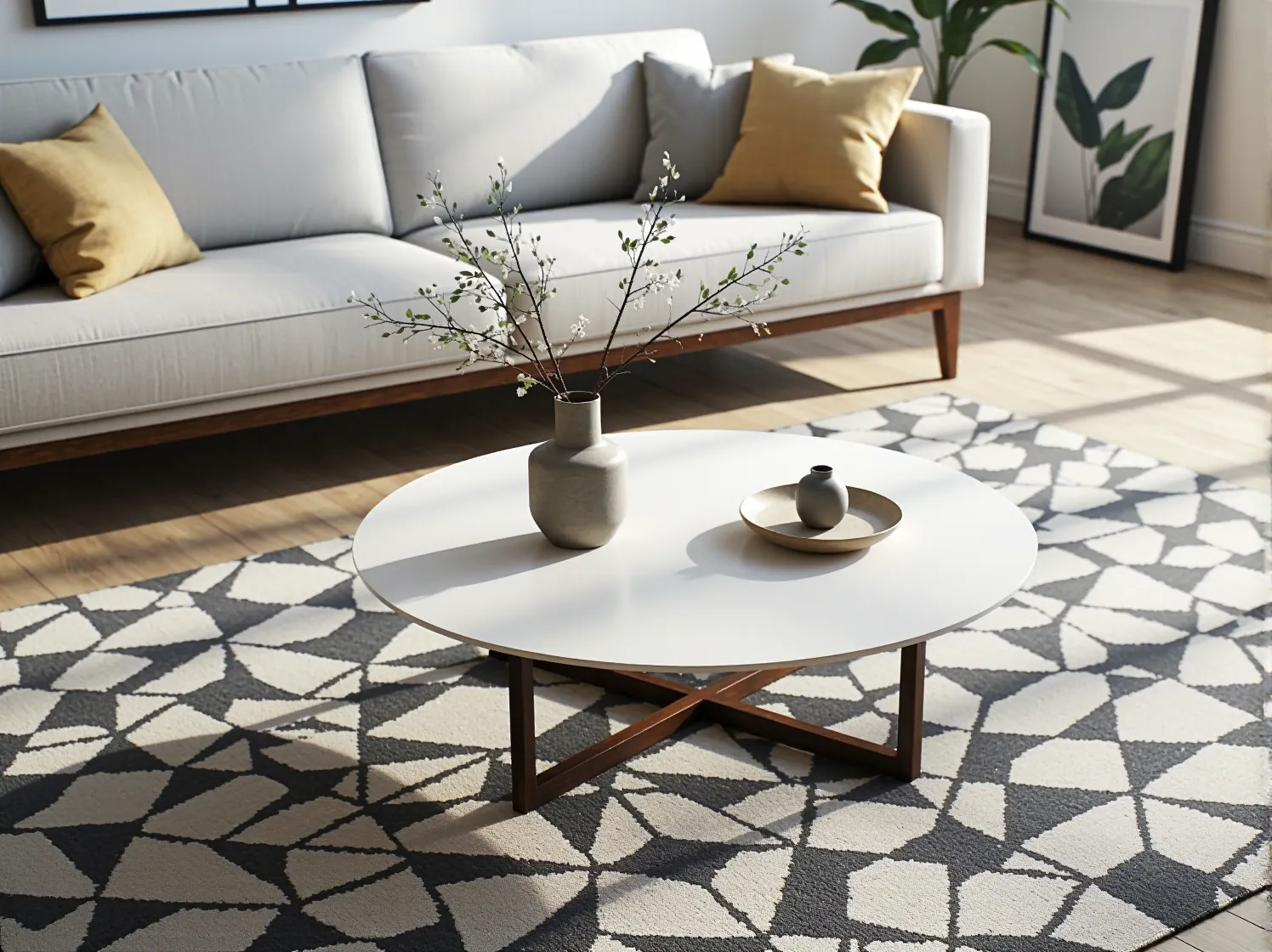 Nowoczesny, biały stolik kawowy na drewnianych nogach w stylu scandi do małych wnętrz.