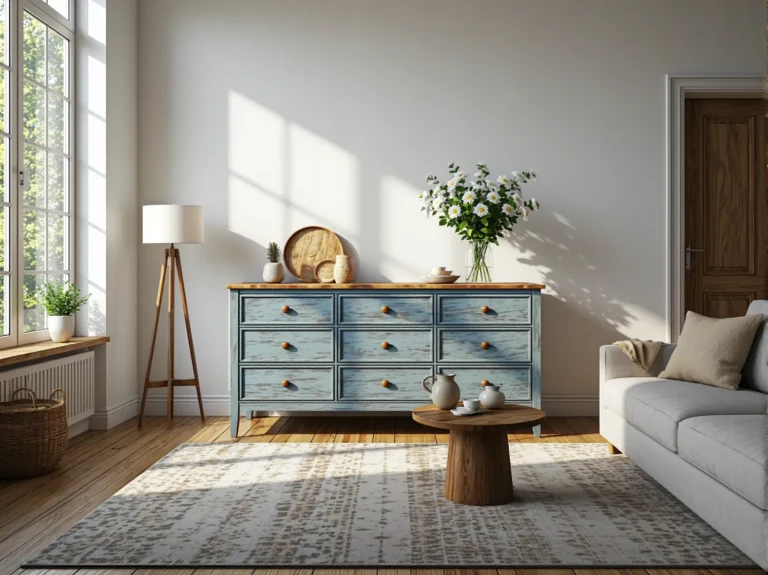 Drewniana komoda postarzana błękitna z dziewięcioma szufladami i drewnianym blatem