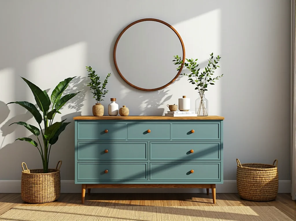 Odnowiona komoda szałwiowa z drewnianym blatem i siedmioma szufladami