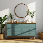 Odnowiona komoda szałwiowa z drewnianym blatem i siedmioma szufladami