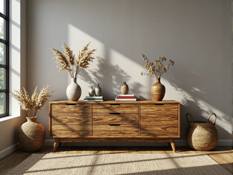 Niska komoda drewniana dąb craft z szufladami na skośnych nóżkach