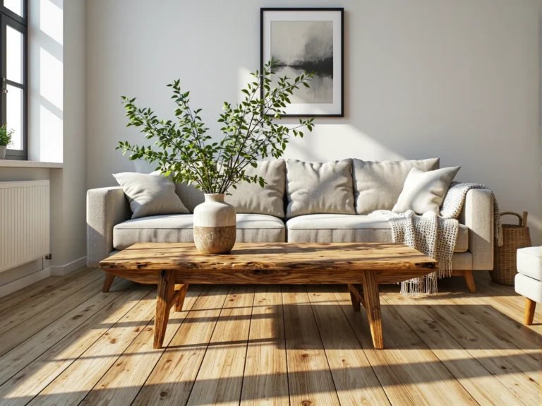 Drewniany stolik kawowy z naturalnego drewna na skośnych nogach