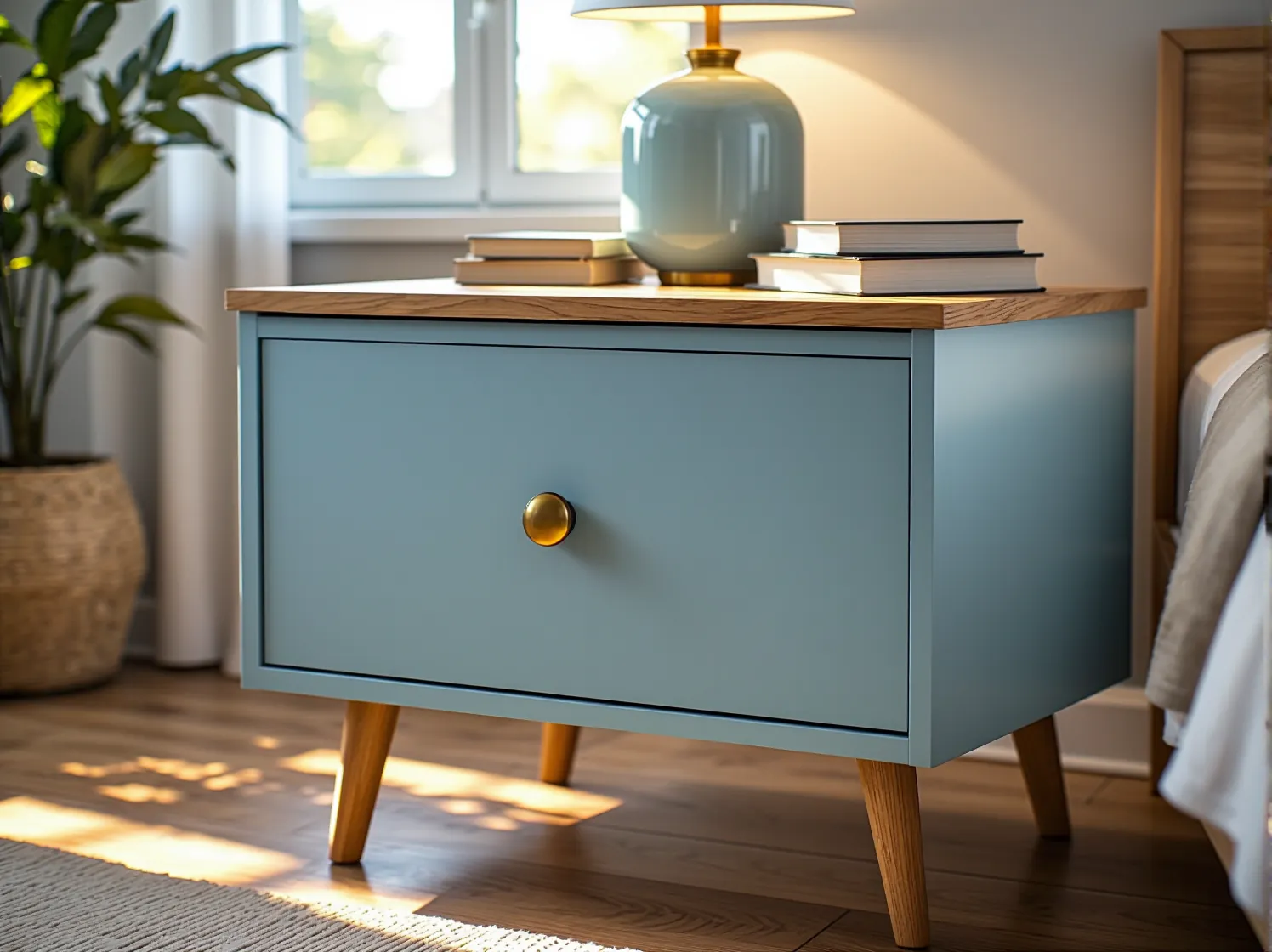 Odnowione stare krzesło pomalowane na niebiesko, jako przykład recyklingu mebli w domu.