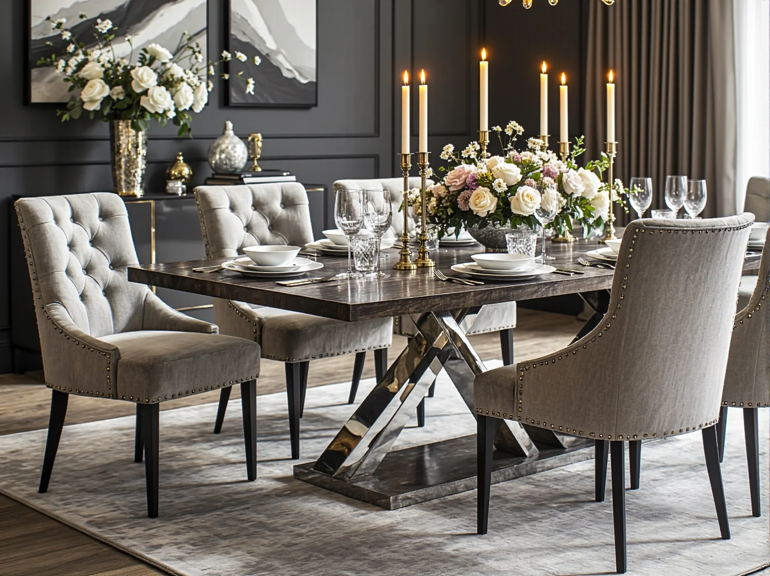 Zbliżenie na luksusowy, okrągły stół glamour ze szklanym blatem, idealny do nowoczesnej jadalni.