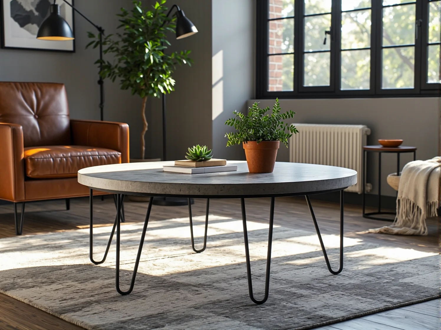 Nowoczesny, okrągły stół kawowy w stylu industrialnym wykonany z jasnego betonu architektonicznego. Minimalistyczny design.