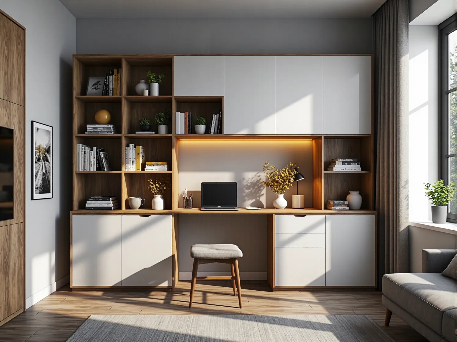 Organizacja przestrzeni do pracy w kawalerce przy użyciu wiszących półek i tablicy korkowej.