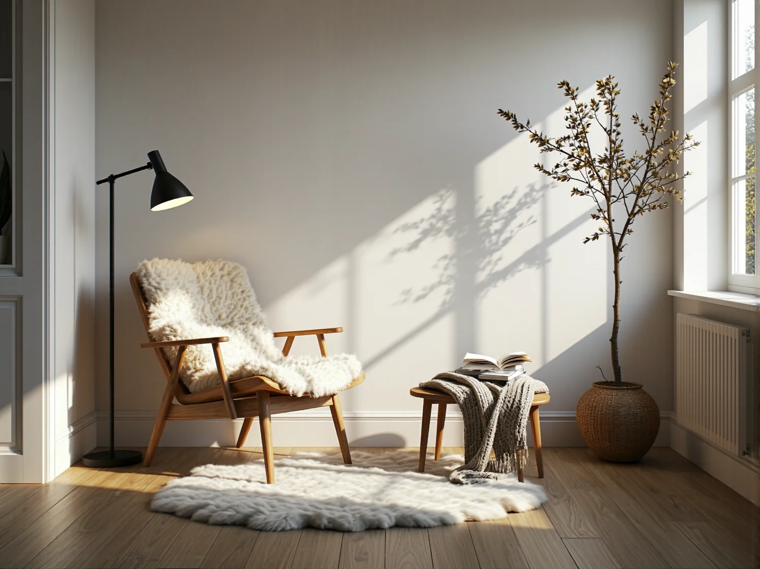 Minimalistyczna, metalowa lampa wisząca nad drewnianym stołem jako kluczowy element oświetlenia w stylu skandynawskim.