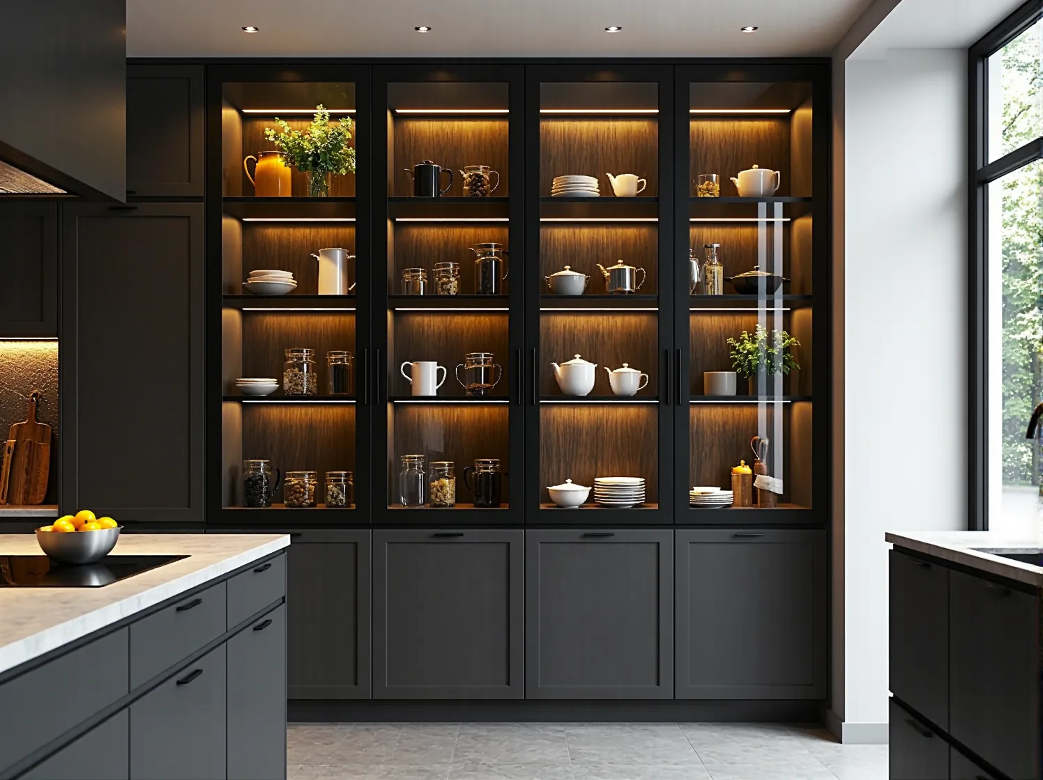 Aranżacja oświetlenia wiszącego, które podkreśla szklane detale w nowoczesnej kuchni.