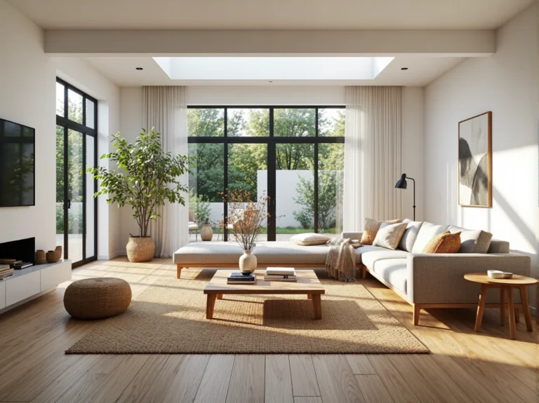 Skandynawski salon z białą szafką RTV i naturalnym oświetleniem