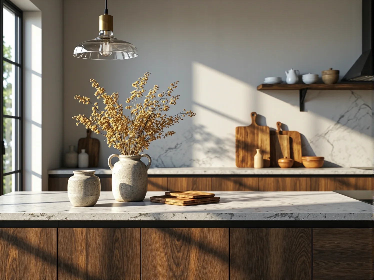 Metalowe lampy wiszące nad stołem w jadalni połączonej z rustykalną kuchnią.