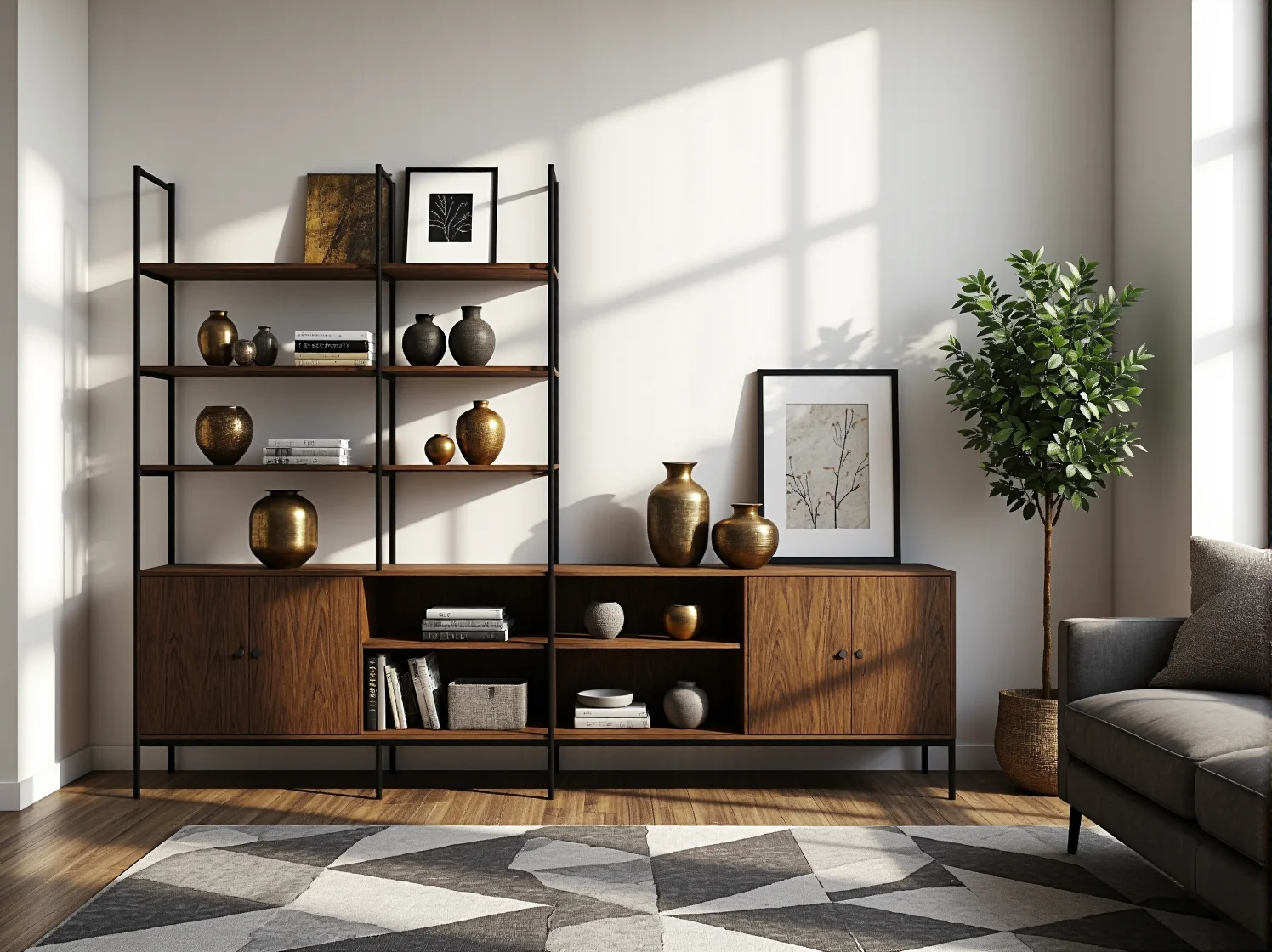 Przytulne oświetlenie w salonie glamour z elementami zen i minimalistycznym stylem japandi.