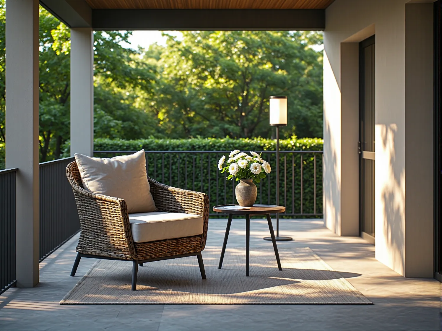 Wieczorne oświetlenie tarasu klasycznego za pomocą pionowych lamp LED kolumn.