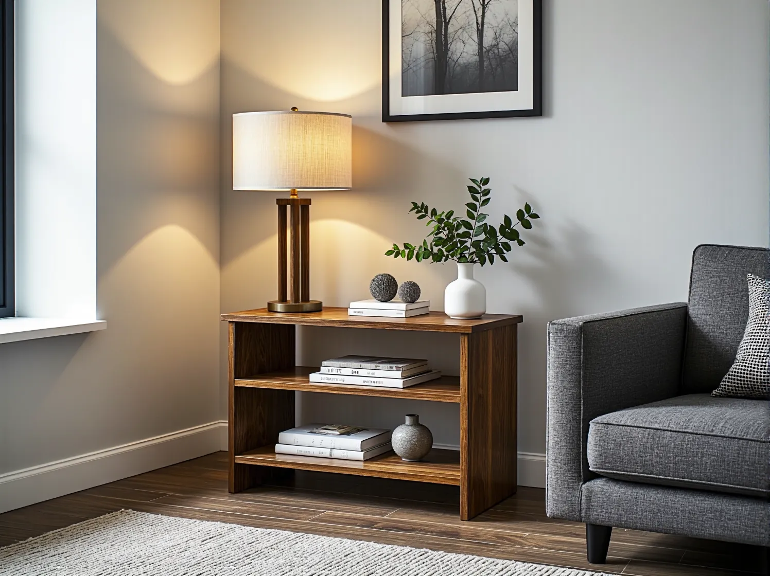 Podnoszony stolik kawowy 2w1, pokazujący zalety mebli wielofunkcyjnych w kawalerce.