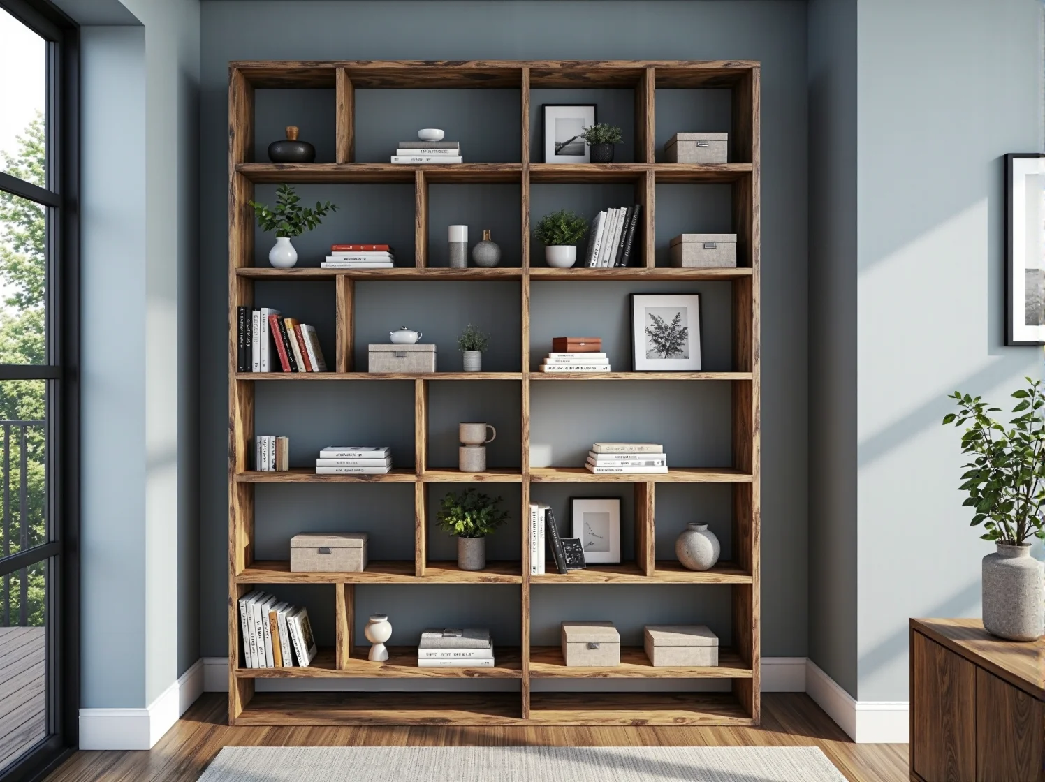 Stylowe półki ścienne z materiałów z recyklingu w nowoczesnym salonie, praktyczne do małych przestrzeni.