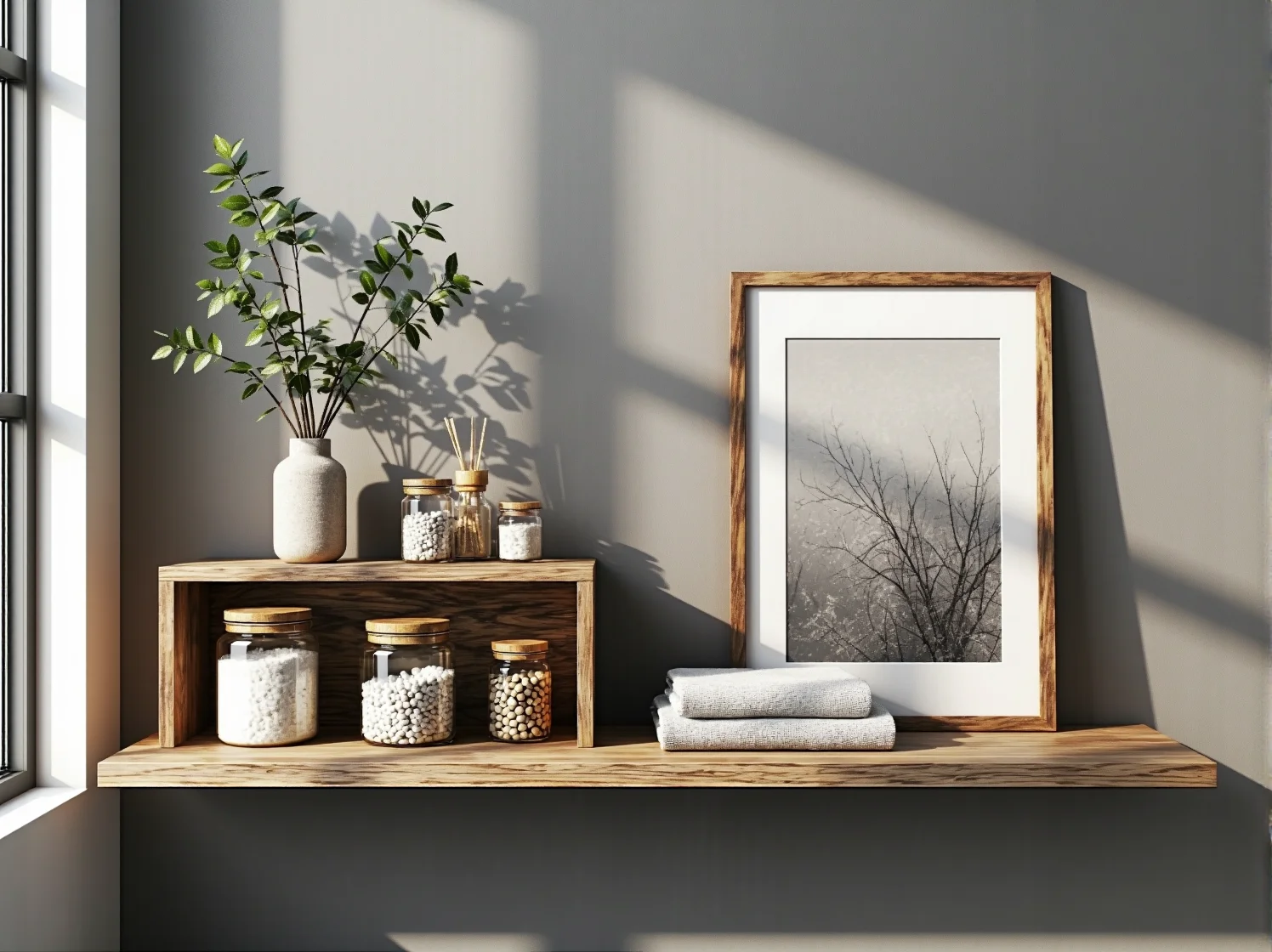 Aranżacja łazienki rustykalnej z postarzanym lustrem w drewnianej ramie i mosiężną baterią.