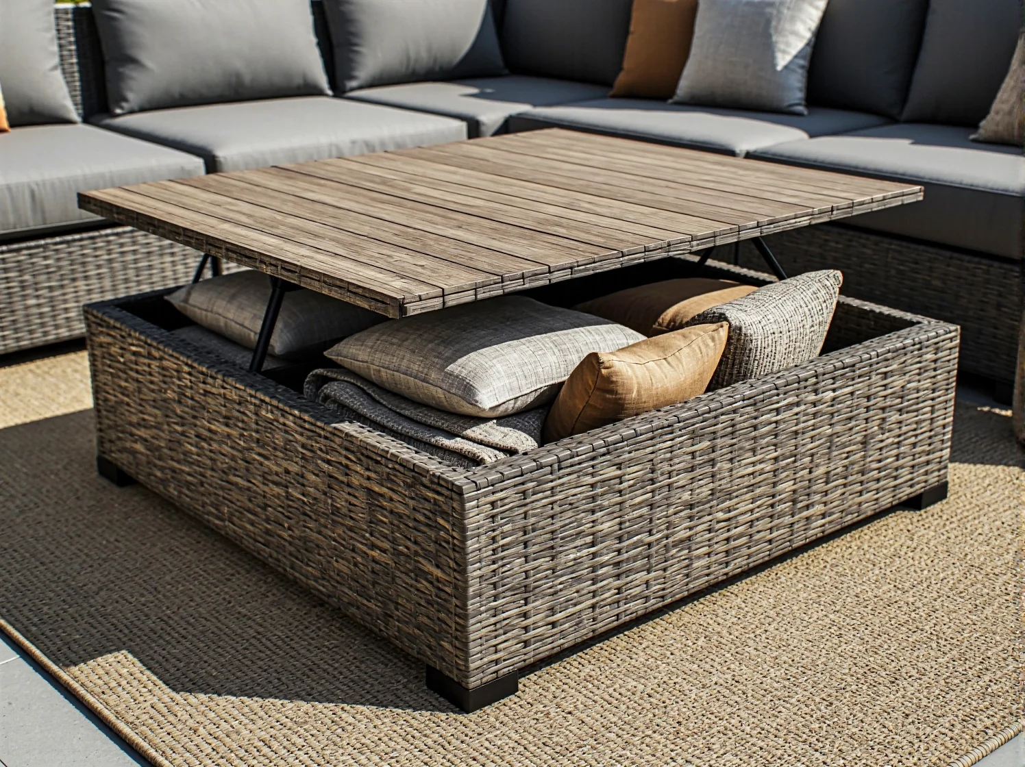 Zbliżenie na otwarty schowek w nowoczesnym stole ogrodowym. Idealne miejsce na poduszki i koce.