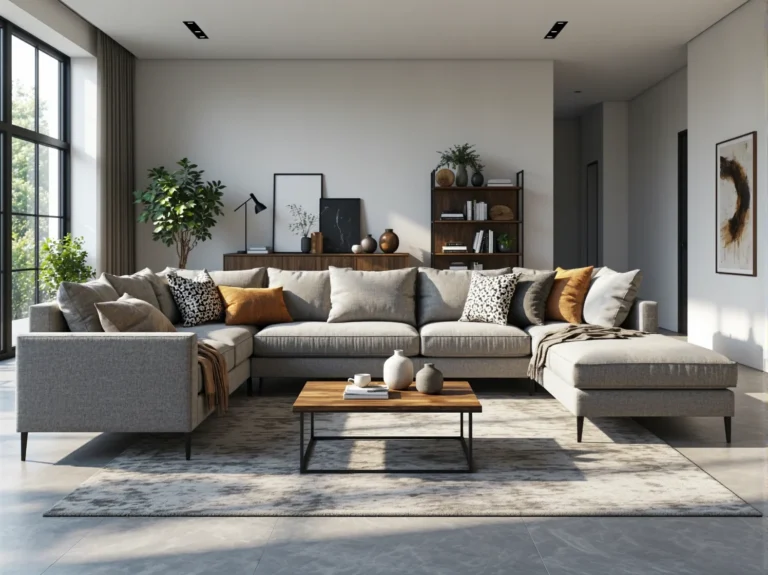 Nowoczesny narożnik szary z poduszkami dekoracyjnymi na czarnych nóżkach