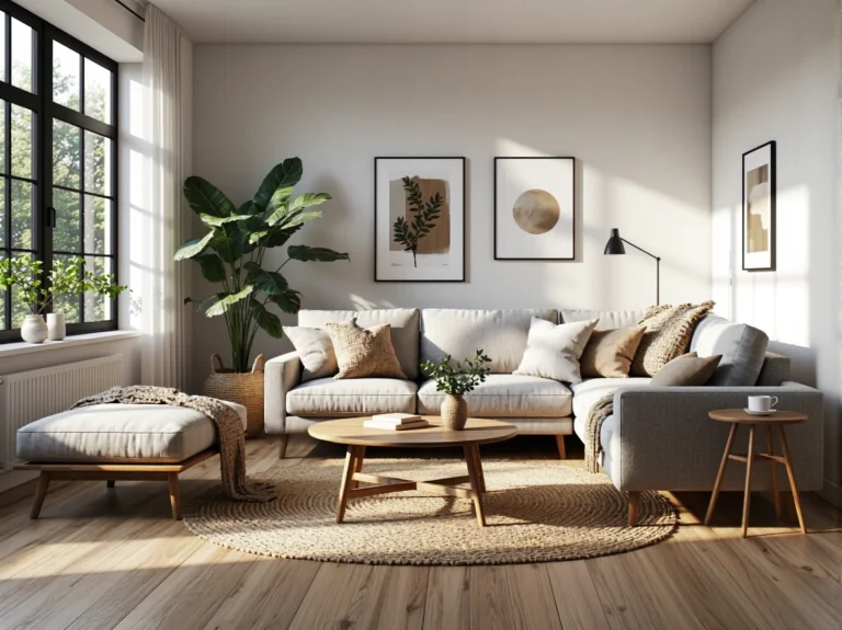 Jasna sofa narożna beżowa z drewnianym stolikiem kawowym