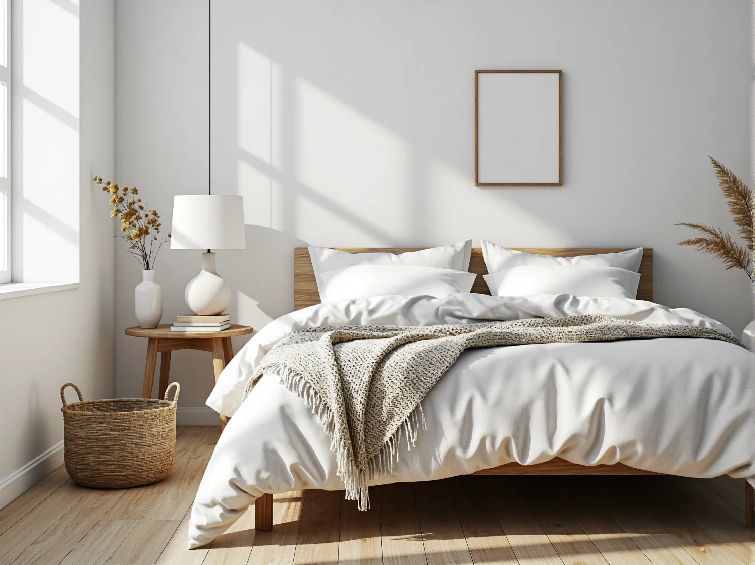 Przytulny kącik do czytania z kinkietem LED o ciepłej barwie światła w skandynawskiej sypialni.