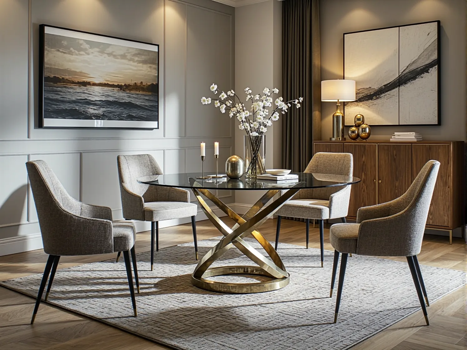 Duży, prostokątny stół w stylu glamour, otoczony krzesłami, gotowy na przyjęcie gości w eleganckiej jadalni.