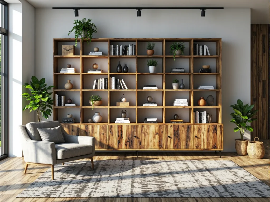 Regał ścienny z drewna odzyskanego z półkami i szafkami