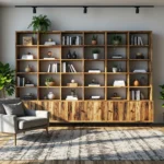 Regał ścienny z drewna odzyskanego z półkami i szafkami