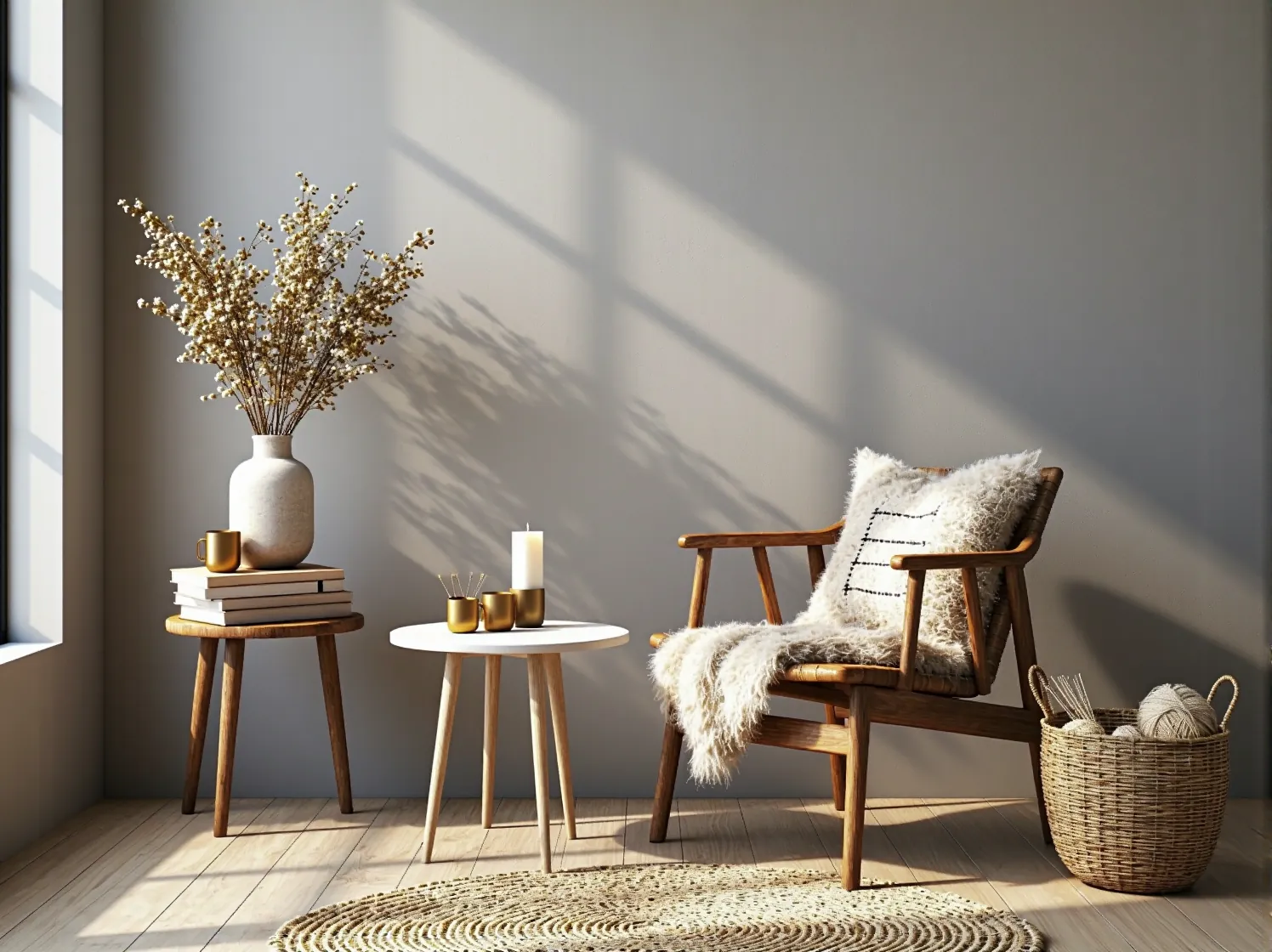 Rattanowy fotel z lnianą poduszką, kluczowy element wyposażenia przytulnego wnętrza w stylu eco-boho.