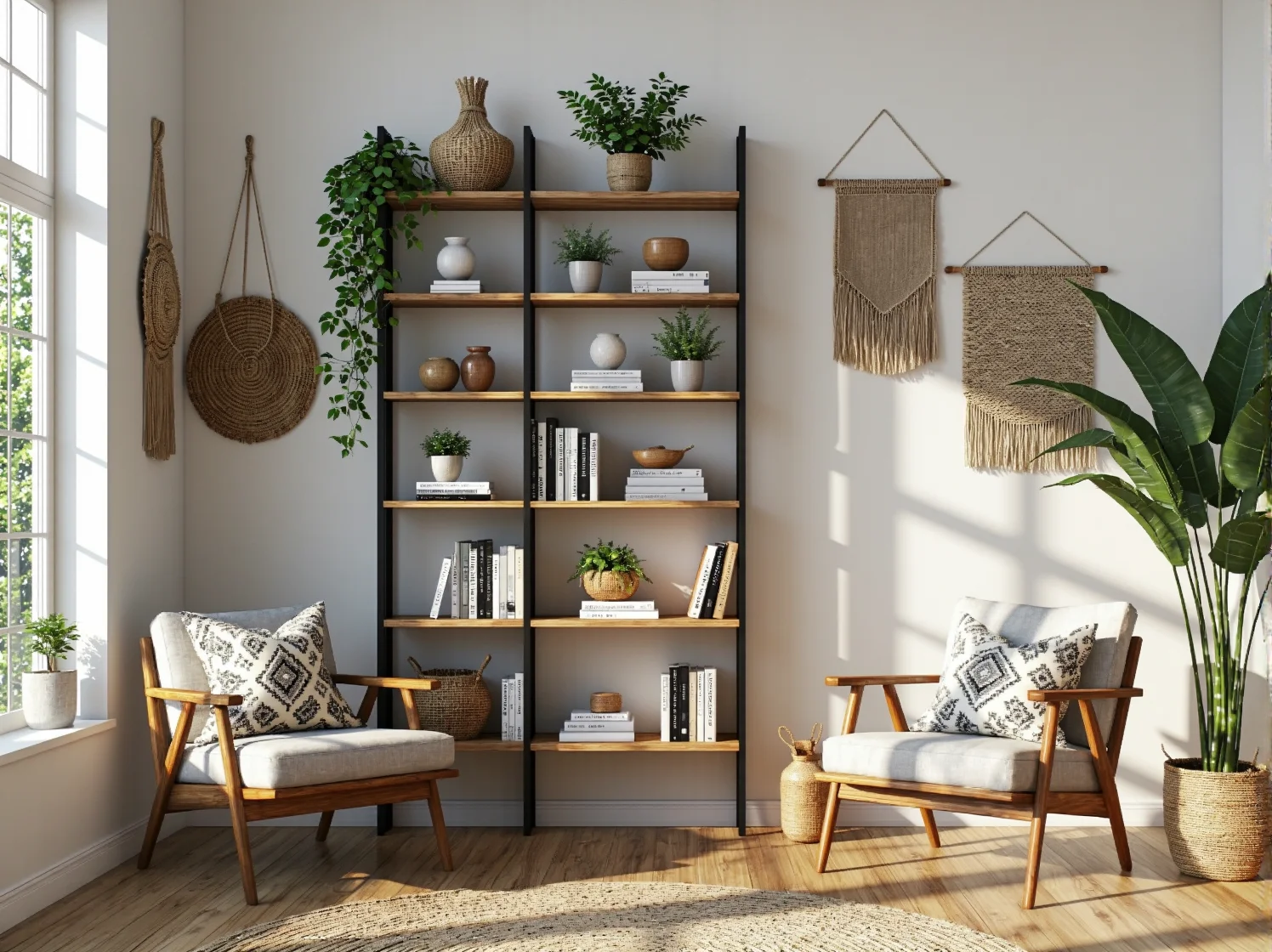 Rattanowy regał na książki o lekkiej konstrukcji, idealny do przechowywania w małym salonie w stylu boho.