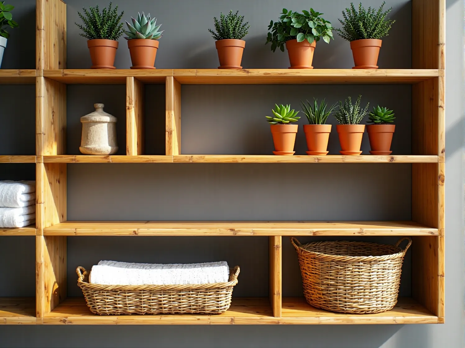 Zbliżenie na minimalistyczny regał bambusowy, pokazujący jego naturalną teksturę i ekologiczny charakter.