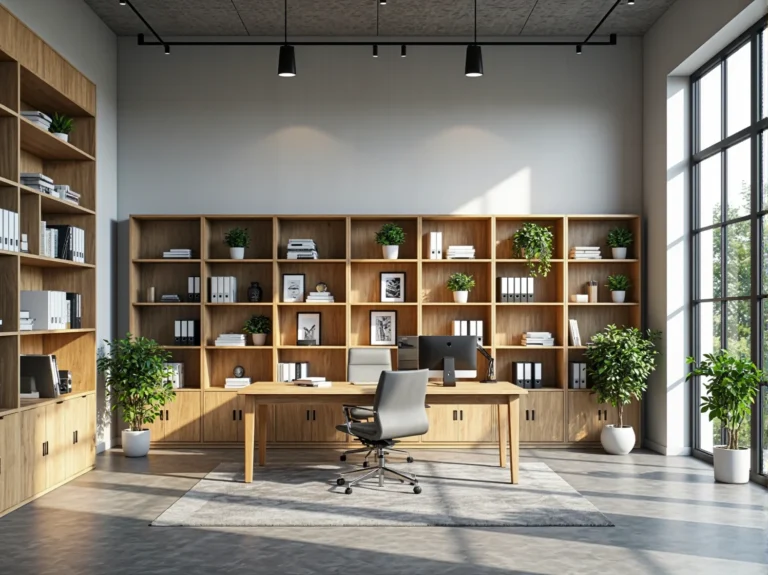 Regał biurowy dąb z otwartymi półkami i szafkami dolnymi