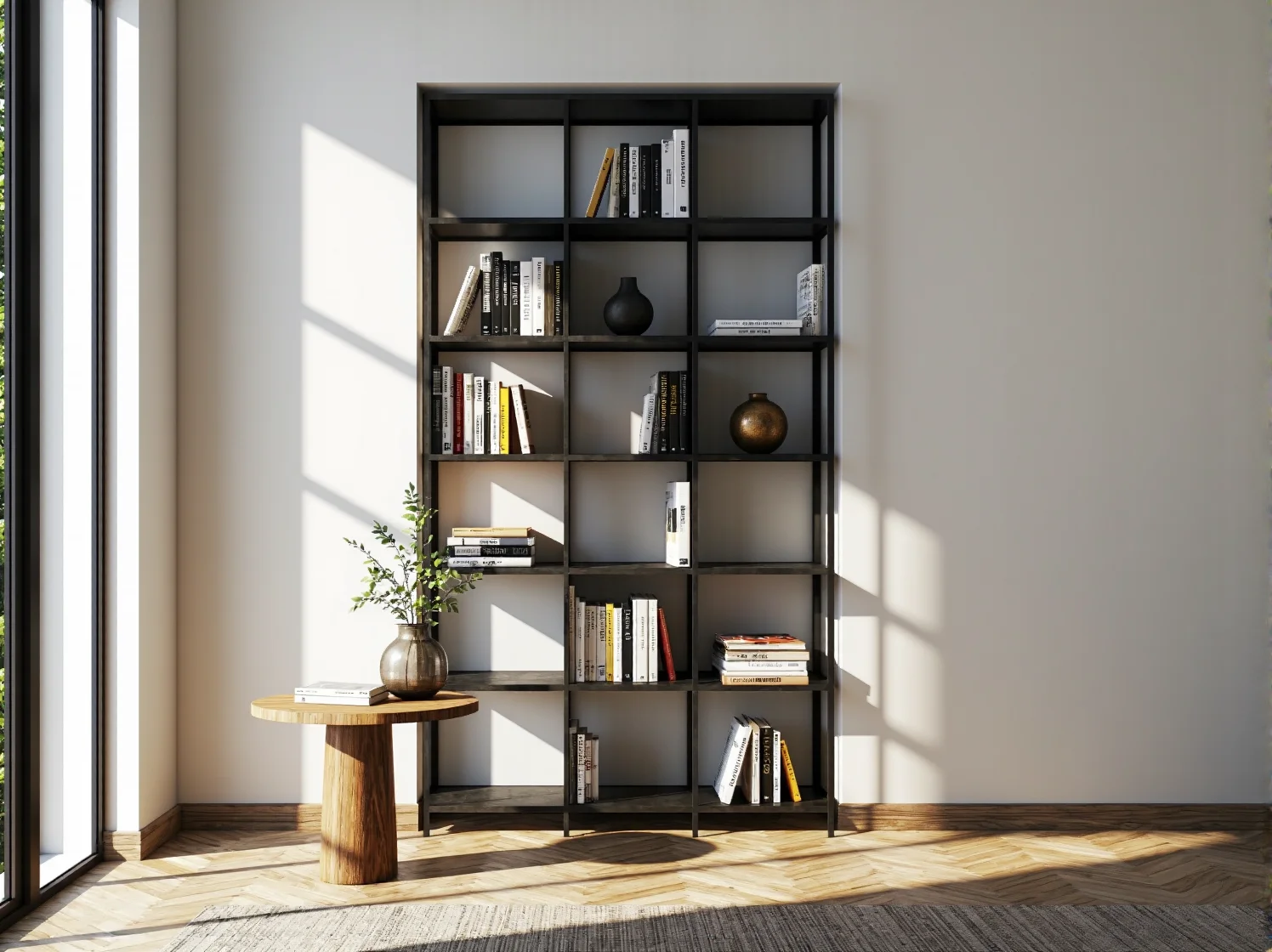 Kreatywny sposób na przechowywanie książek w małym mieszkaniu – narożny regał oszczędzający miejsce.