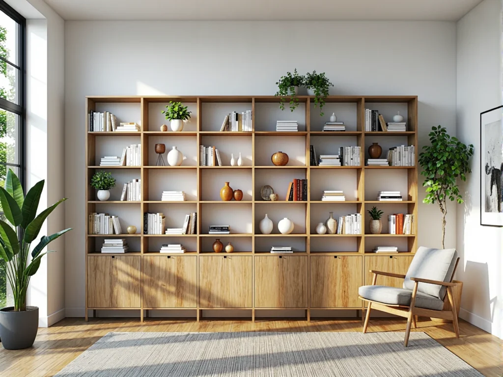 Regał modułowy dębowy z otwartymi półkami i szafkami na dole