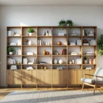 Regał modułowy dębowy z otwartymi półkami i szafkami na dole