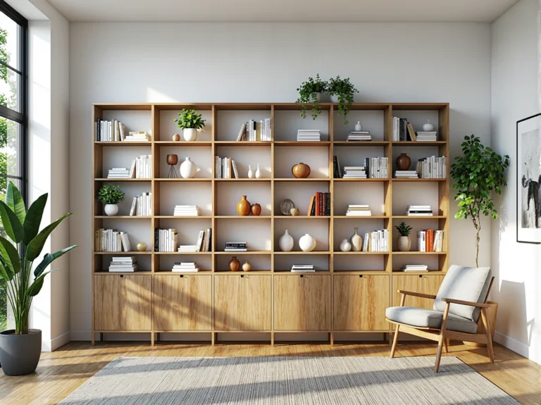 Regał modułowy dębowy z otwartymi półkami i szafkami na dole