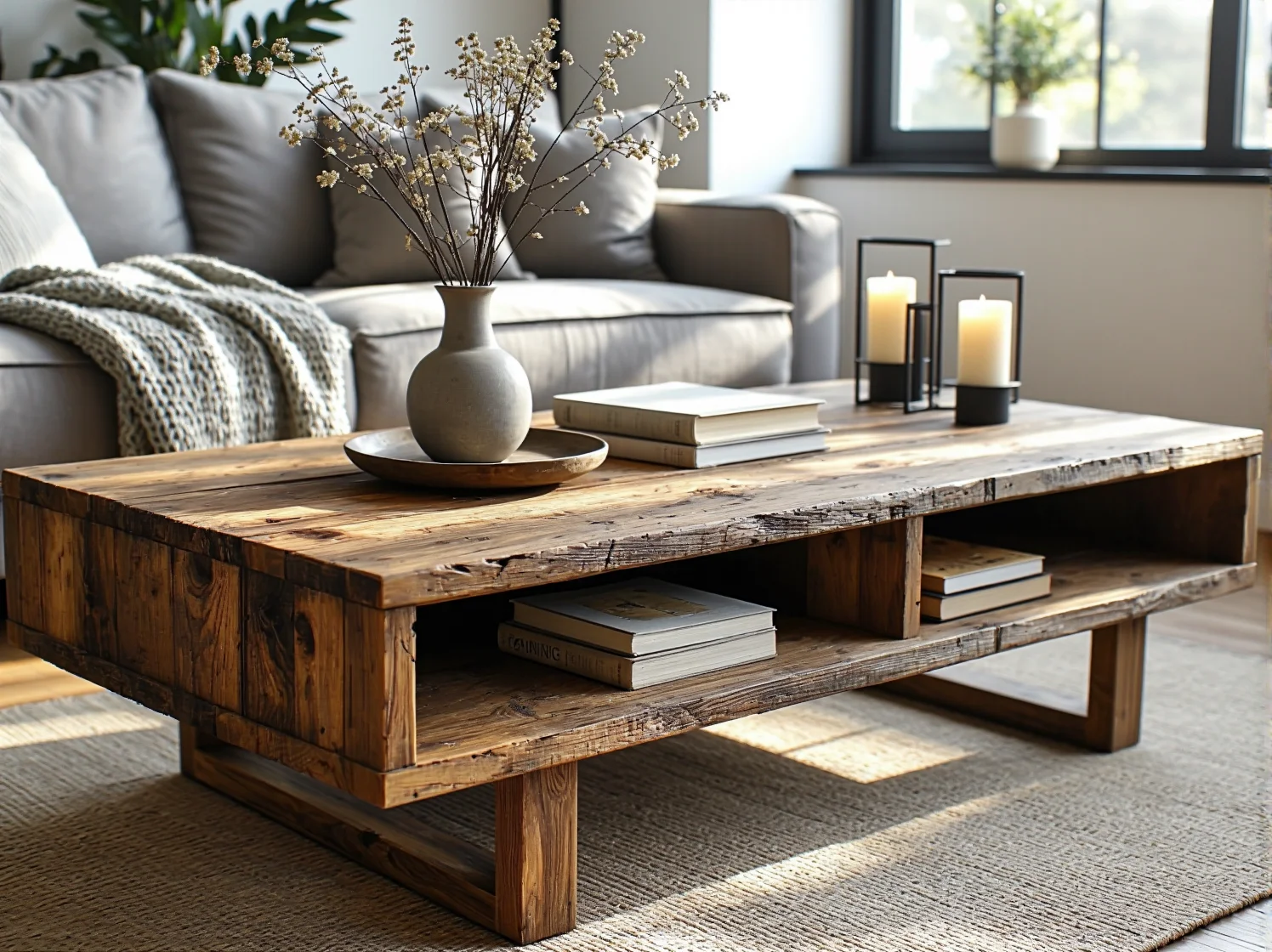 Stylowa rustykalna komoda z naturalnego drewna w jasnym salonie typu open space