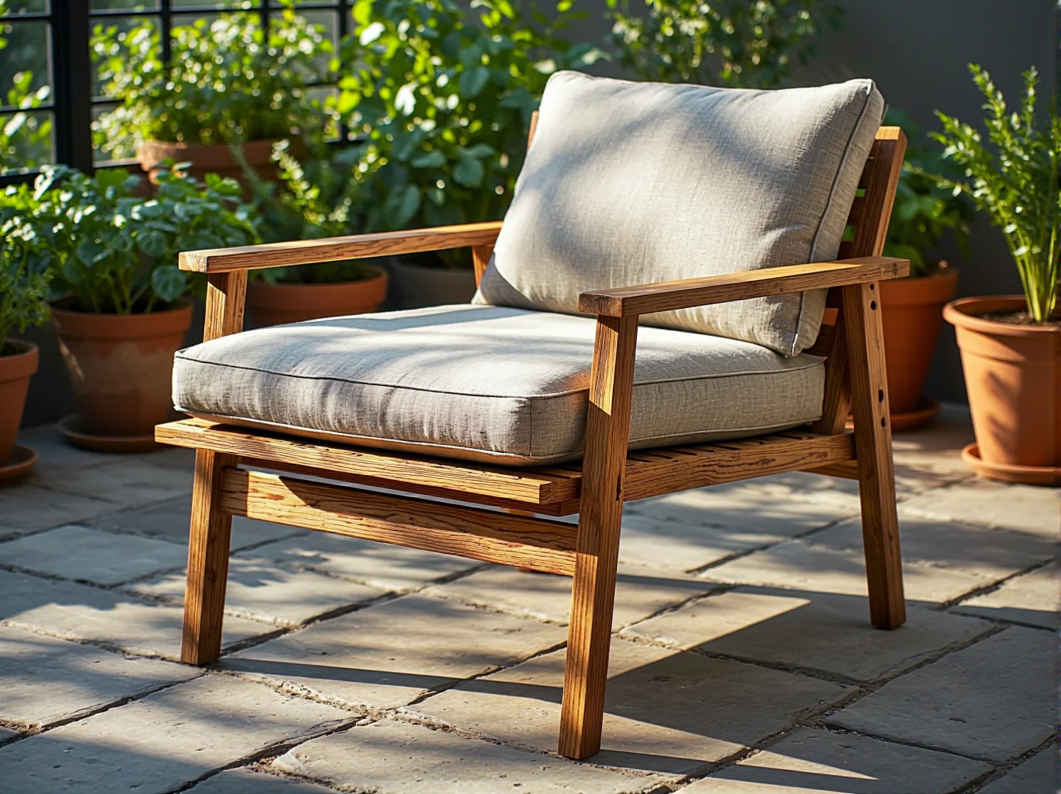 Stylowa ławka z postarzanego drewna z poduszkami, podkreślająca naturalny charakter mebli rustykalnych.