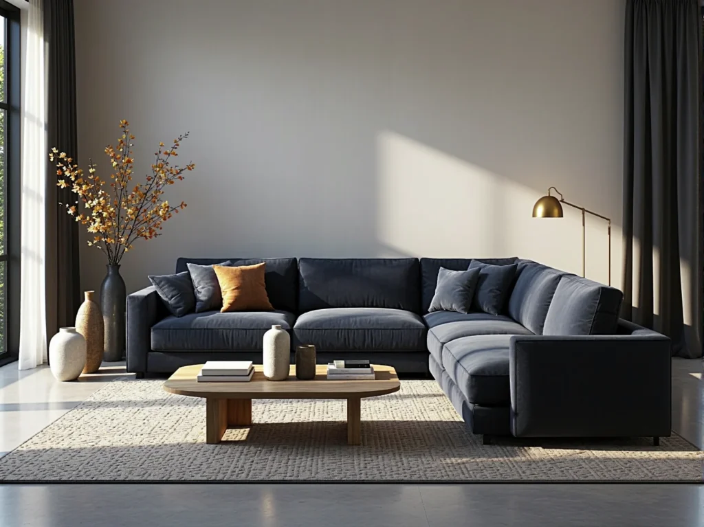 Narożnik tapicerowany granatowy z miękkimi poduszkami oparcia