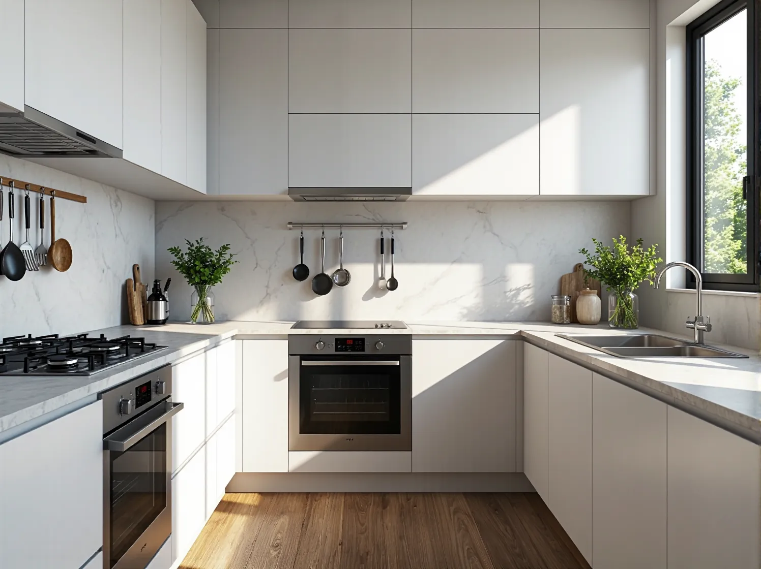 Przestronny salon połączony z jadalnią w stylu minimalistycznym. Dominacja bieli i szarości.