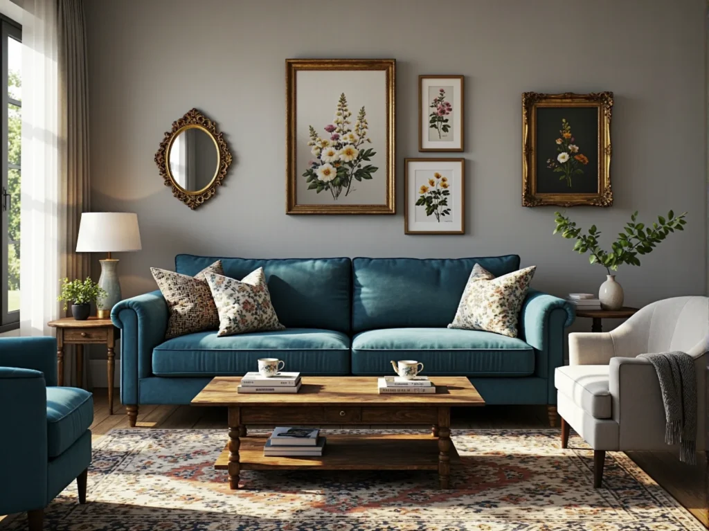 Elegancka sofa trzyosobowa morska z poduszkami dekoracyjnymi