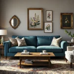 Elegancka sofa trzyosobowa morska z poduszkami dekoracyjnymi