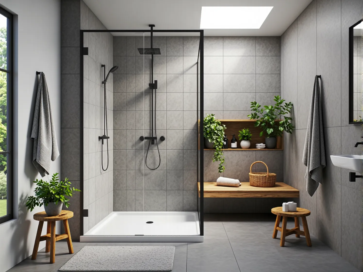 Minimalistyczna skandynawska łazienka z prysznicem i naturalnymi akcentami w postaci drewnianej szafki.