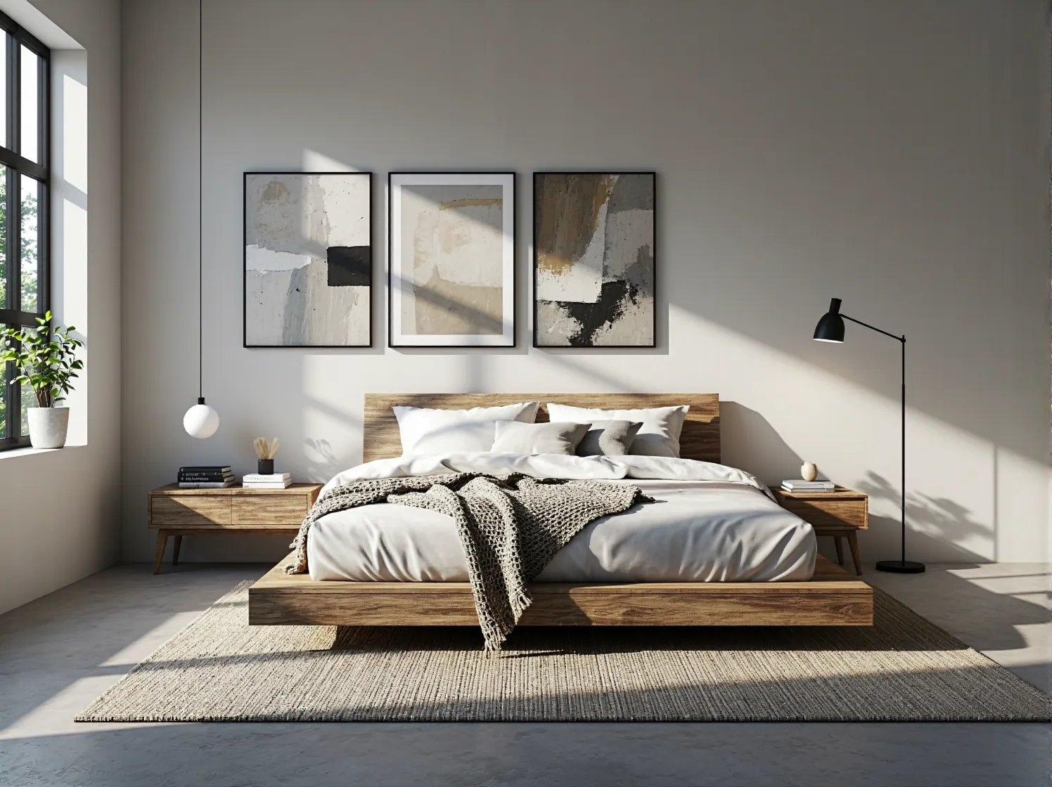 Nowoczesne biuro w stylu skandynawskim z odważnym akcentem kolorystycznym na ścianie.