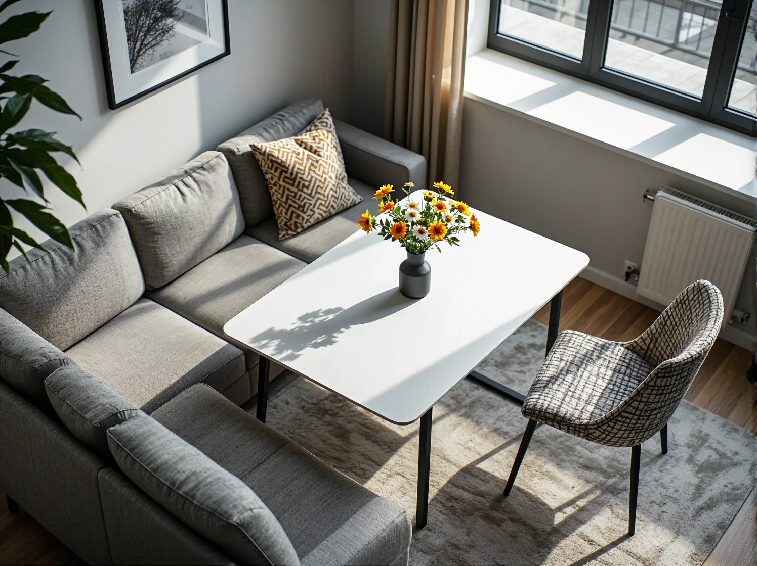 Aranżacja małej przestrzeni ze składanym stołem, podkreślająca jego elastyczność i design.