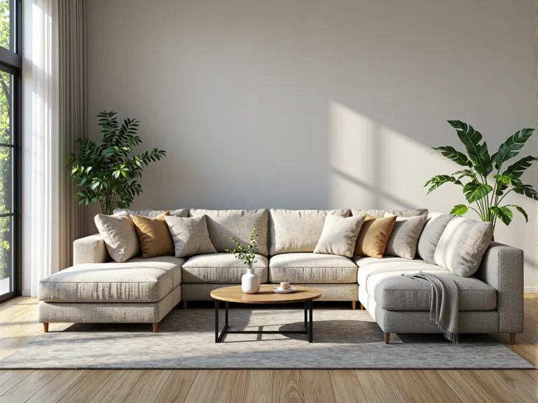 Narożna sofa modułowa beżowo-szara z poduszkami na drewnianych nóżkach