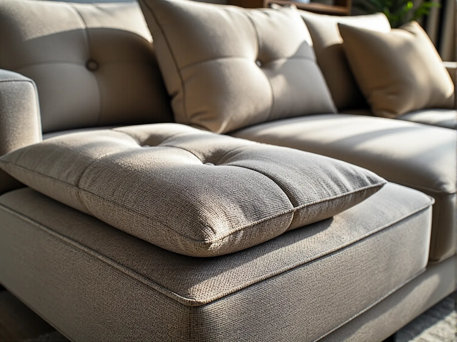 Jasna sofa z materiałów biodegradowalnych w salonie pełnym roślin, podkreślająca styl eko.