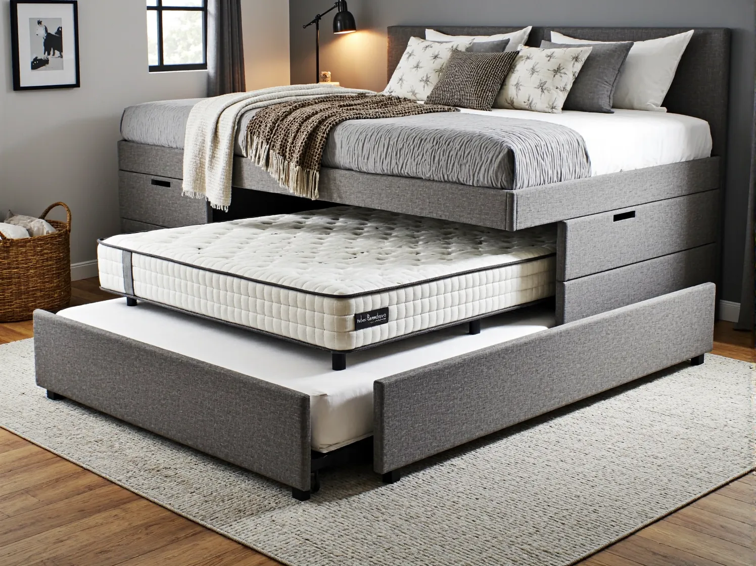 Stylowa sofa z funkcją spania i pojemnikiem na pościel. Pomysł na wielofunkcyjne łóżko w pokoju gościnnym.