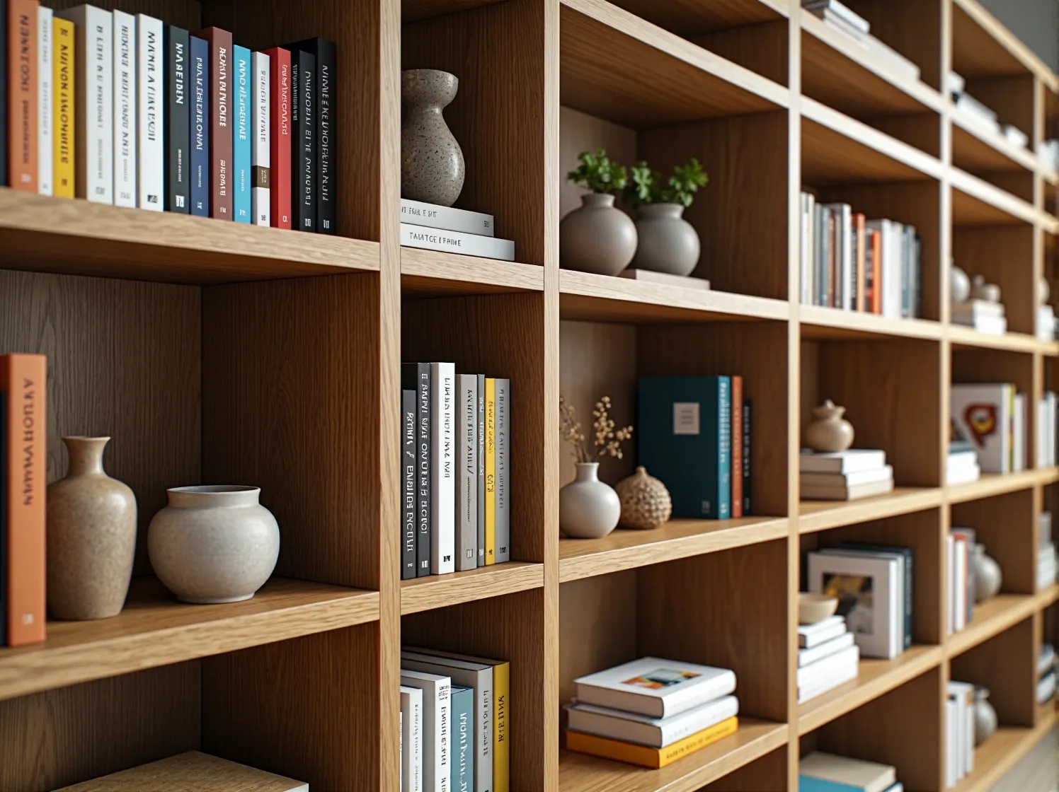 Zbliżenie na solidne, drewniane półki regału uginające się pod ciężarem wielu książek.
