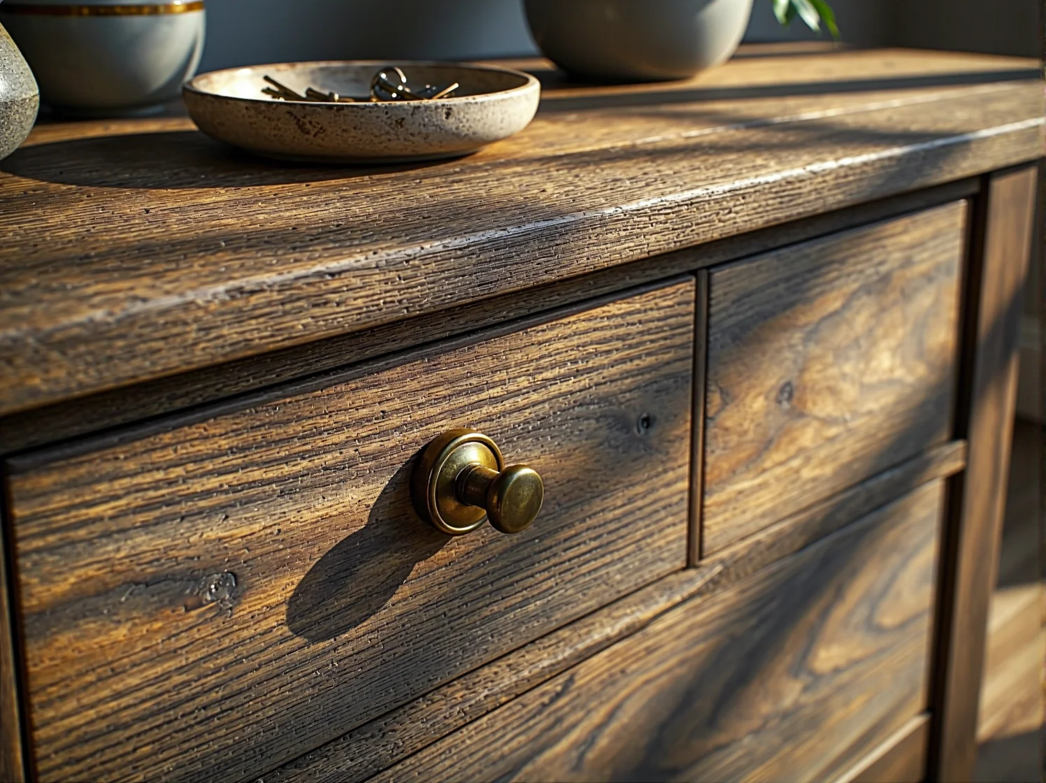 Stara komoda przed renowacją, z widocznymi zarysowaniami. Przygotowanie do odnawiania mebli krok po kroku.