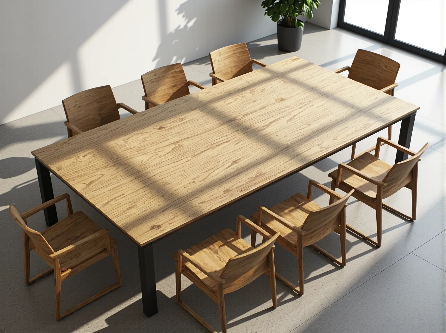 Zbliżenie na solidne, drewniane nogi stołu do coworkingu, przykład skandynawskiego wzornictwa.